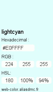 Couleur Web "lightcyan (cyan clair) / #E0FFFF"
