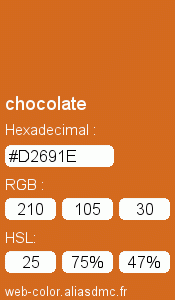Couleur Web "chocolate (chocolat) / #D2691E"