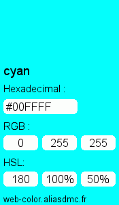 Couleur Web "cyan (cyan) / #2BFAFA"