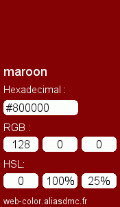 Couleur Web "maroon (bordeaux) / #800000"