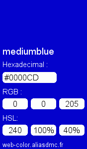 Couleur Web "mediumblue (bleu moyen) / #0000CD"
