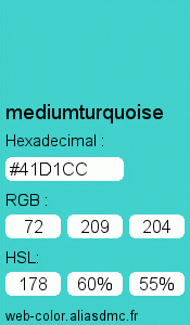 Couleur Web "mediumturquoise (turquoise moyen) / #41D1CC"